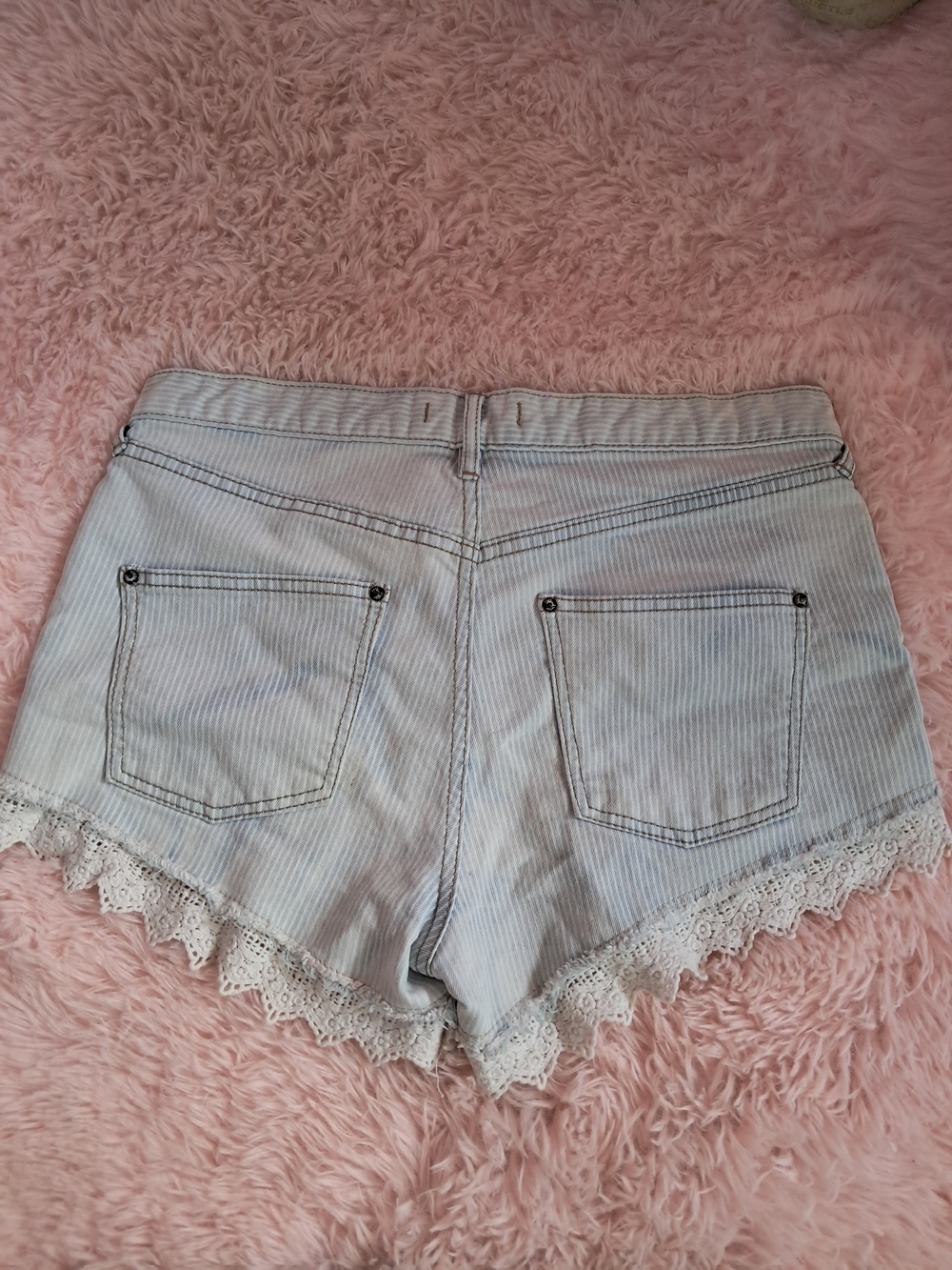 Free People Light Blue Striped Lace-Trim Denim Shorts - Picture 2 of 7